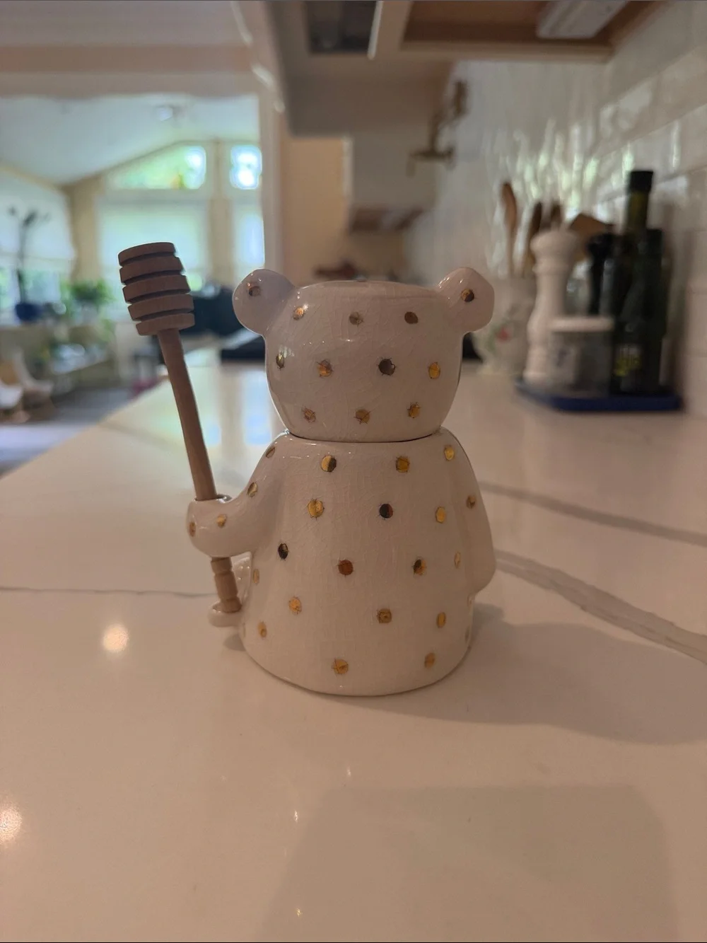 Anthropologie White Ceramic Bear Honey Jar with Gold Dots